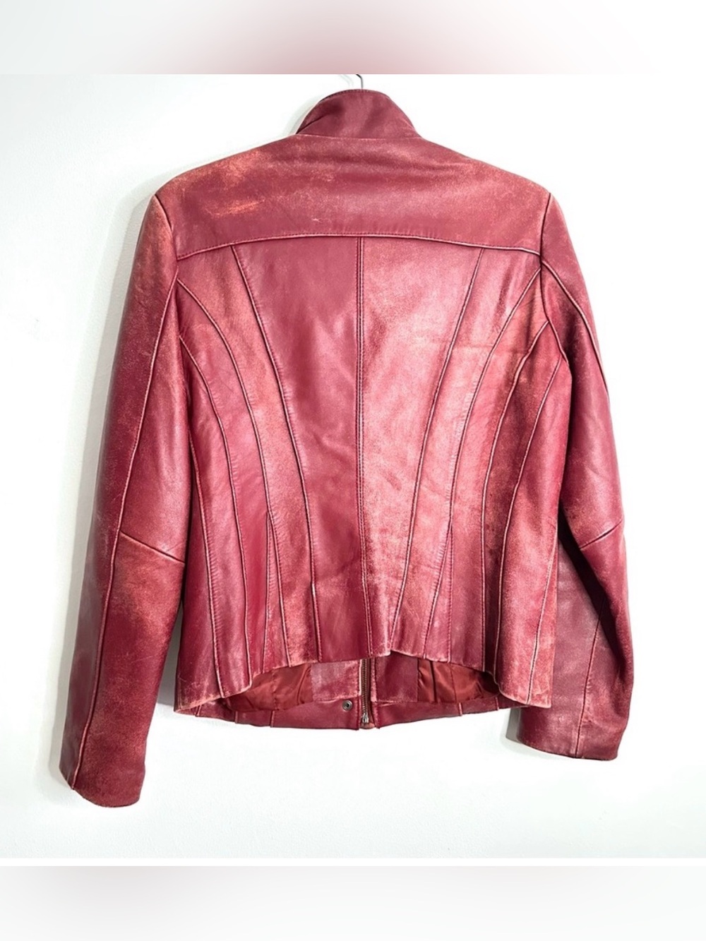 Neiman Marcus Red Leather Ruffle-Front Jacket - Picture 5 of 6